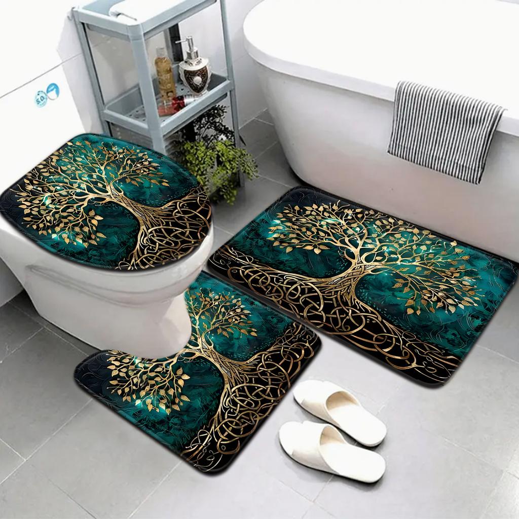 3er Set Pflanzen-Serie Nacht Großer Baum Muster Badezimmer-Matten-Set Toiletten-Sitzbezug U-förmige Fußmatte