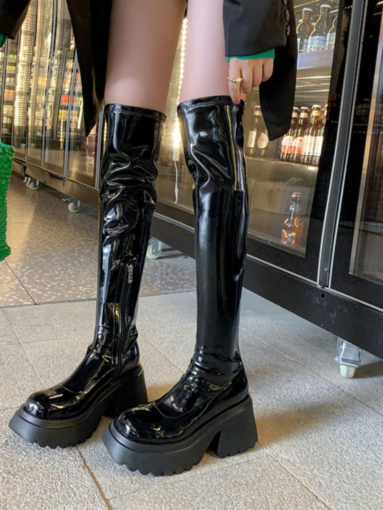 Patent leather waterproof platform thick-soled short boots heightening long boots women's thick heel knee boots women's high boots elastic boots wome