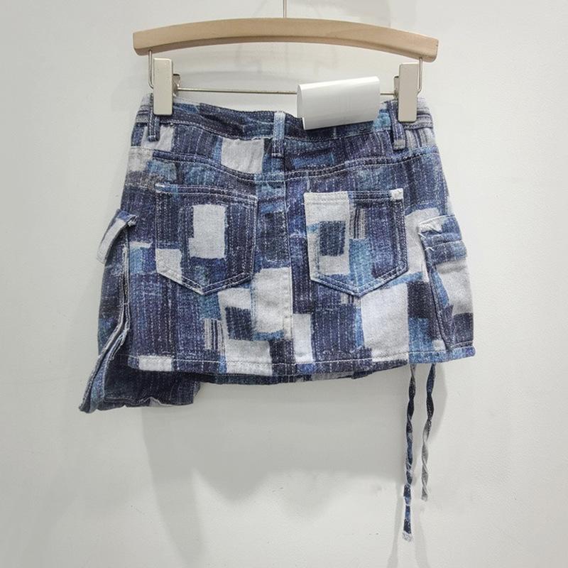 European and American style summer new printing and dyeing multi-pocket design loose and versatile short skirt women's tooling denim skirt