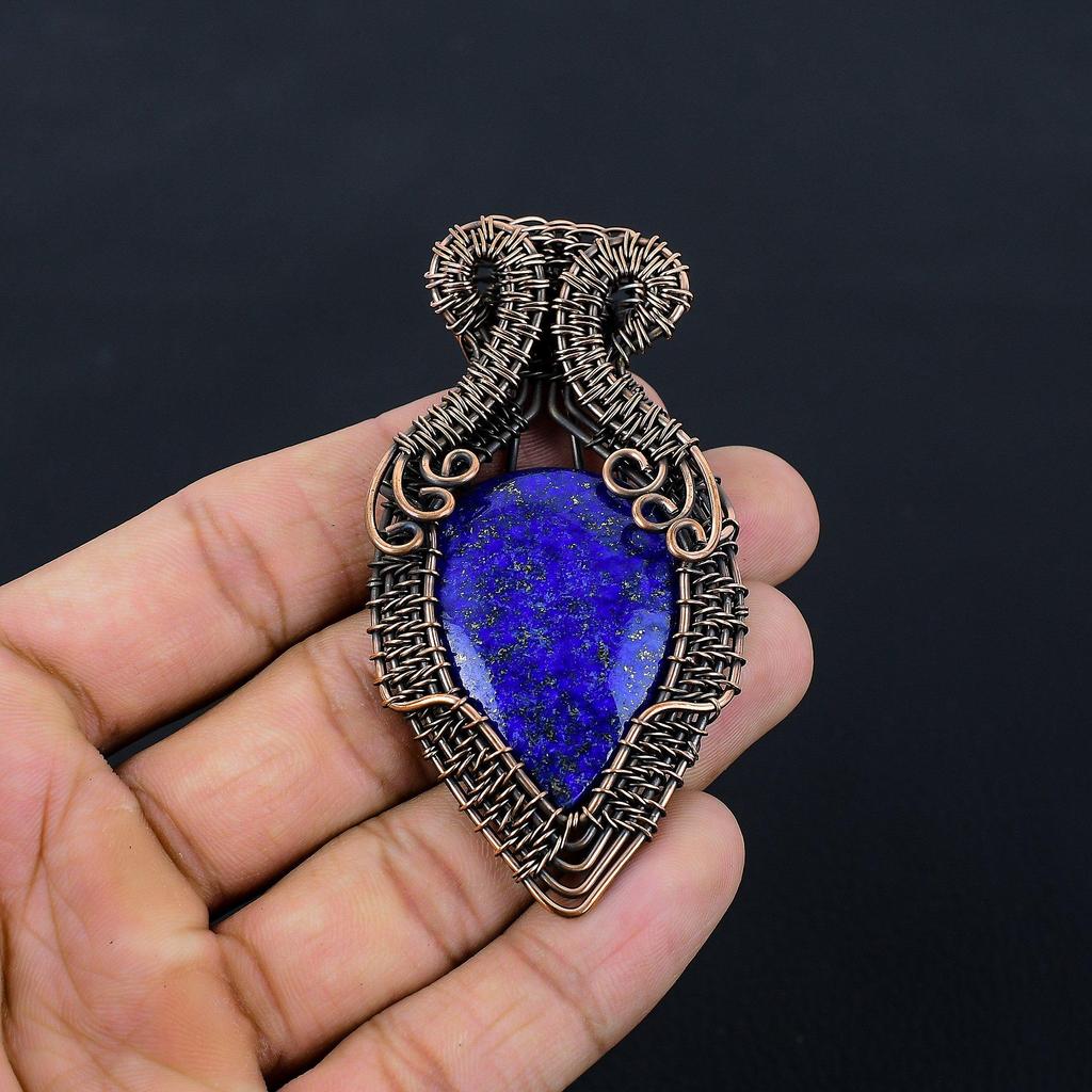 Lapis Lazuli Gemstone Pure Copper Wire Wrapped Handmade Pendant Jewelry