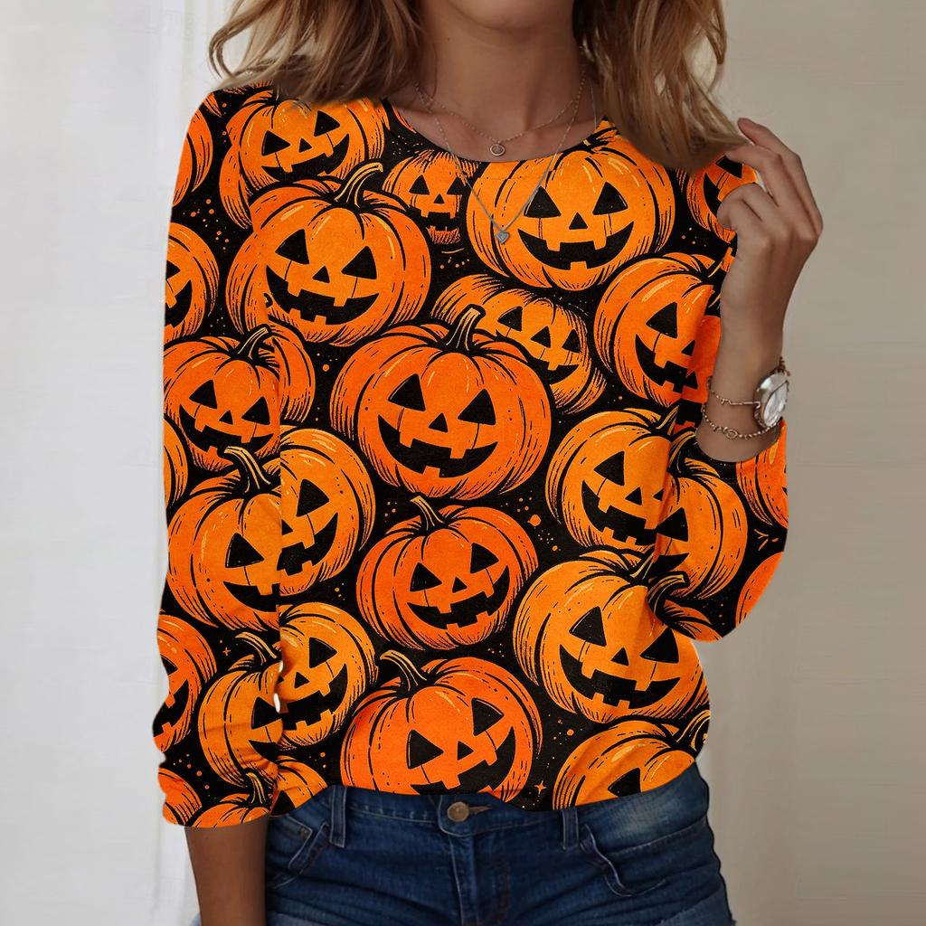 Women's Casual Long Sleeve Pullover Top Halloween Print Round Neck Sweatshirt Comfortable Fit Lightweight Fabric