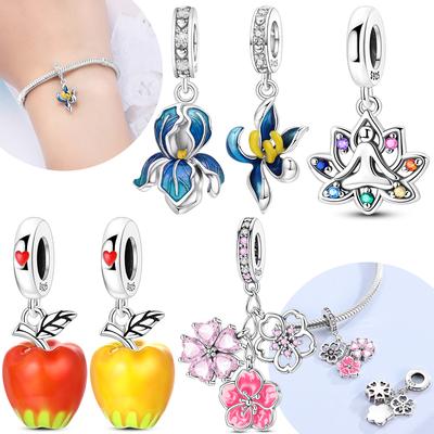 Authentic Charm Bead Charms Copper Red Apple Pendant Cherry Blossom Blue Iris Pendant Bead Charms Compatible With Bracelets Women Jewellery Delicate A