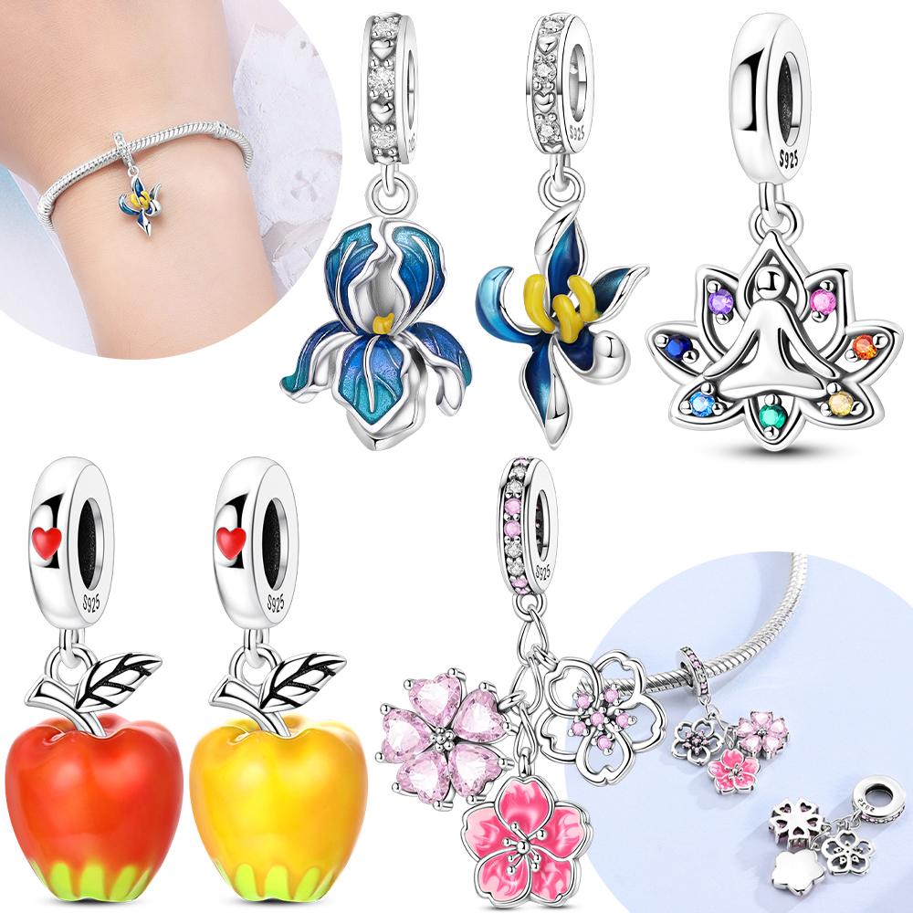 Authentic Charm Bead Charms Copper Red Apple Pendant Cherry Blossom Blue Iris Pendant Bead Charms Compatible With Bracelets Women Jewellery Delicate A