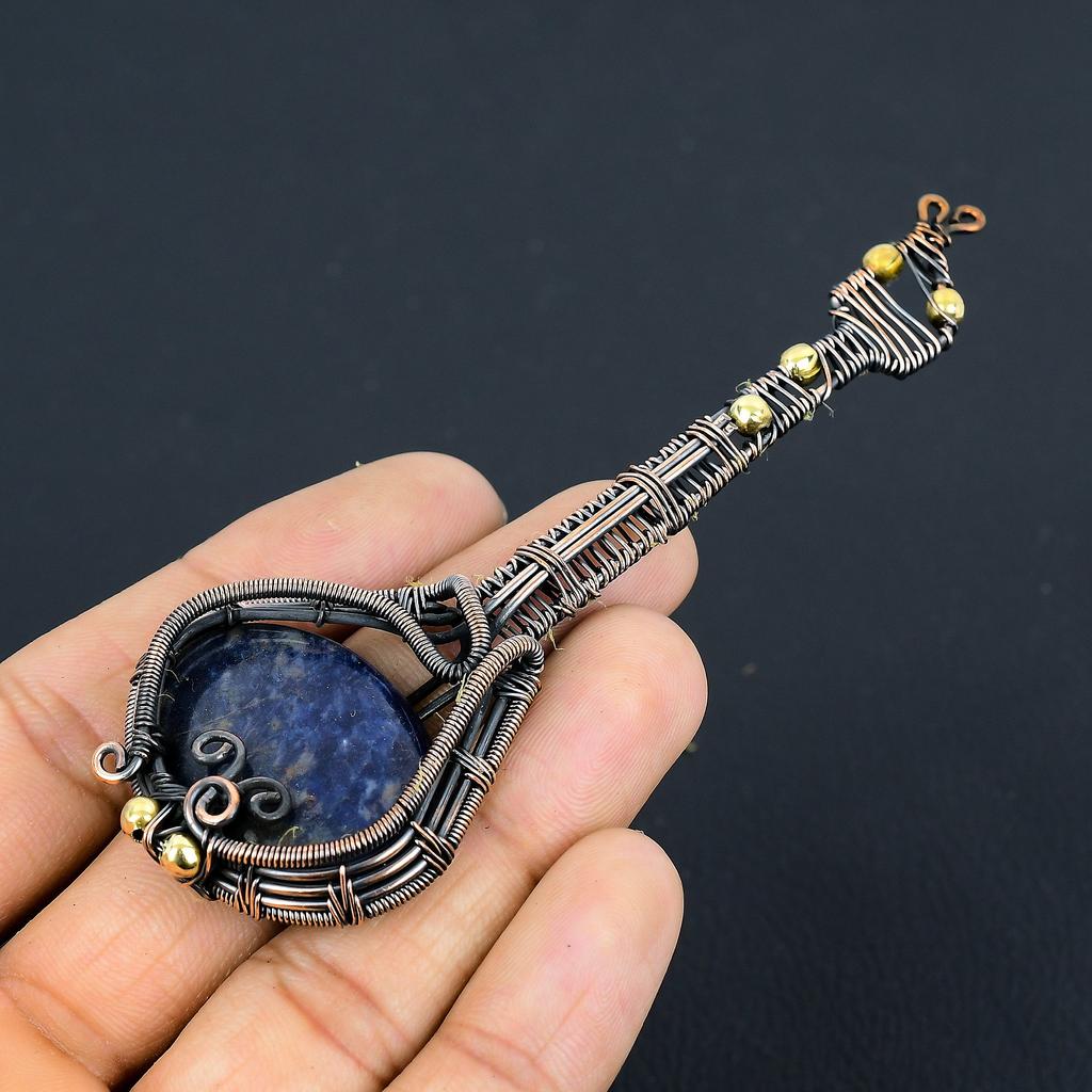 Natural Guitar Sodalite Gemstone Handmade Copper Wire Wrap Pendant 4.53 O0K02