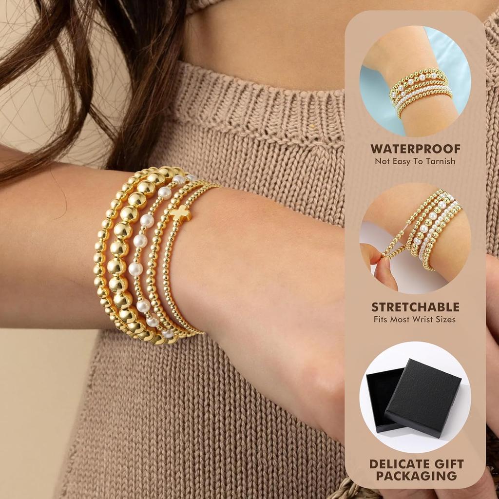 Yoosteel Gold Beaded Bracelets for Women Teen Girls, Gold Plated Jewelry | Gold Stackable Stretch Bracelets, Dainty Round Beaded Pearl Cross Bracelet