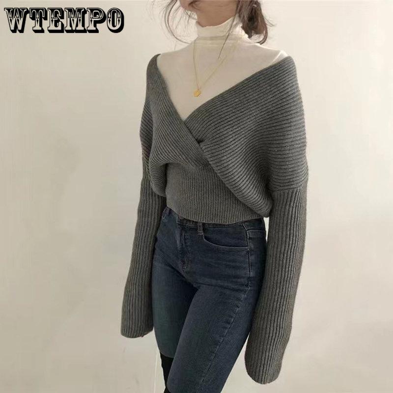 Autumn Winter Women Solid Sweaters Knitted V-neck Cross Wild Fashionable Sexy Pullovers Female Lady Vintage Tops Knitwear