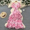 French gentle wind V-neck floral dress women's summer irregular short sleeves waist thin A-shaped long dress vacation style