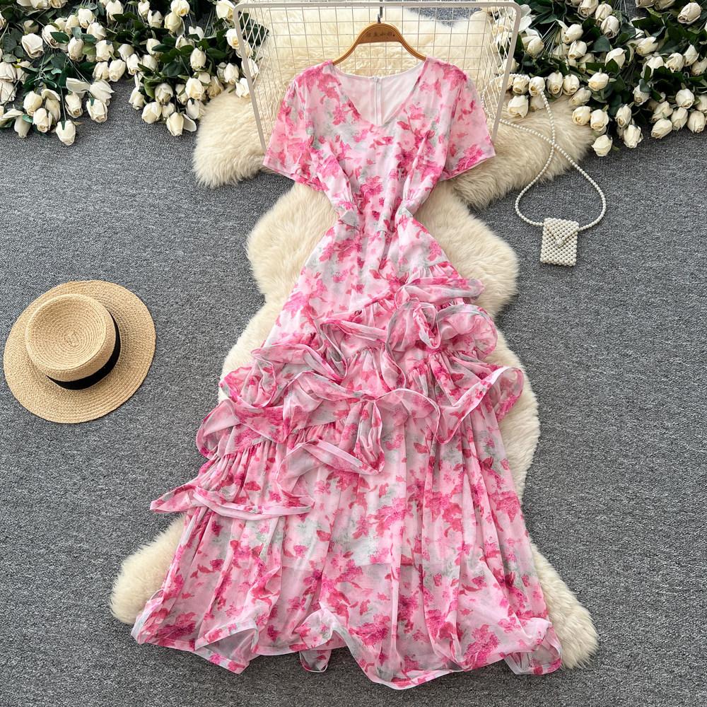 French gentle wind V-neck floral dress women's summer irregular short sleeves waist thin A-shaped long dress vacation style