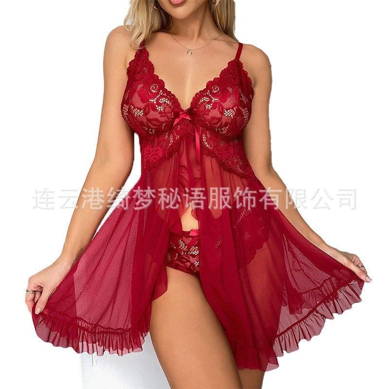 Pajamas Ladies Lace Suspender Sexy Loungewear Summer Perspective Mesh Skirt Women