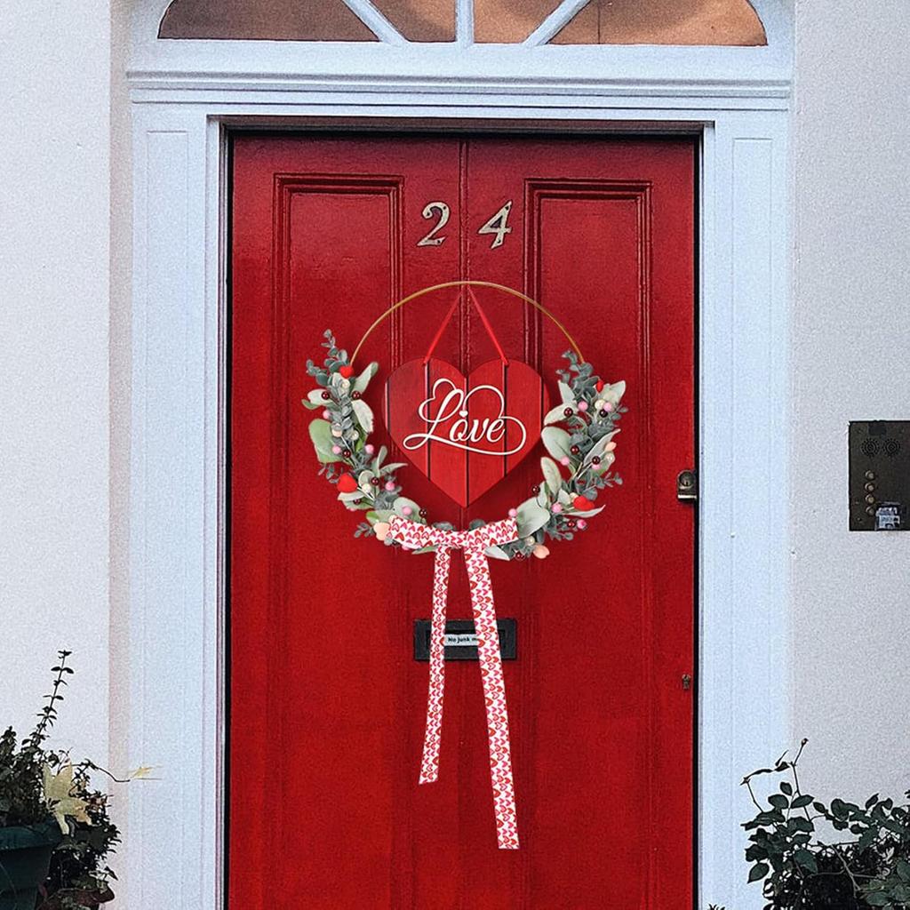 Valentines Day Wreath for Front Door - Cute Valentine Wreaths with Wooden Sweet Heart Love Sign for Wedding Engagement Party, 13 Inch Pink Wreath