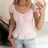 French-Style Sweet Lace Patchwork Button-Down Ruffle Design Short-Sleeved Summer Versatile Age-Reducing Square-Neck Shirt