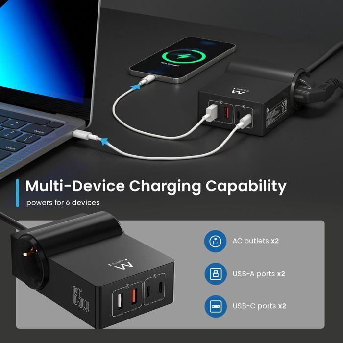 Chargeur - Ewent - EW3992 - 65W - GaN - 6 appareils simultanément