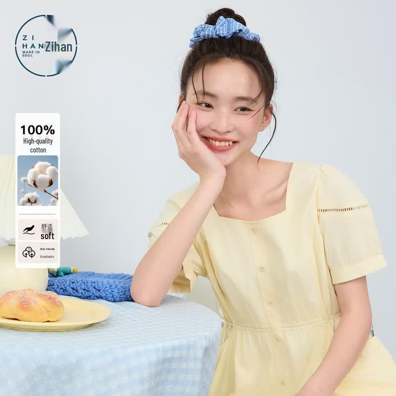 

ZIHAN Women s Cotton Square Neck Short Sleeve A-Line Midi Dress EUR 40