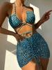 1011 new European and American split swimsuit three-piece printed hollow lace-up skirt bikini swimsuit