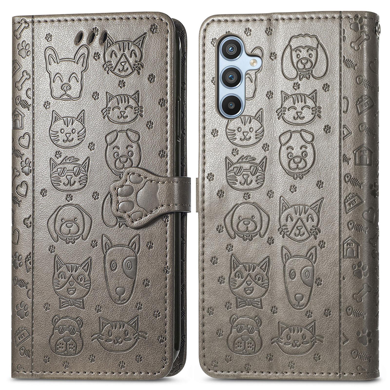 

For Samsung Galaxy A36 5G Case Leather Wallet Flip Phone Cover Cute Cat Dog Pattern Grey