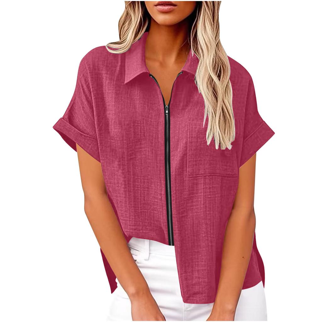 2026 Spring/Summer Cotton-Linen Pocket Button Short-Sleeve Shirt Casual Women's T-Shirt