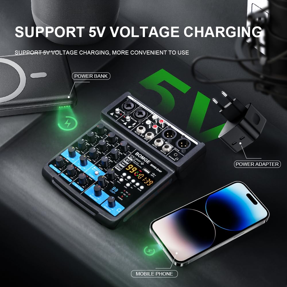 DJ Audio Sound Mixer with Stereo 48V 16 DSP Echo for Live Church and Music Production BOMGE-04F 4-Channel MP3, USB, Bluetooth, Record, Power, Effects,