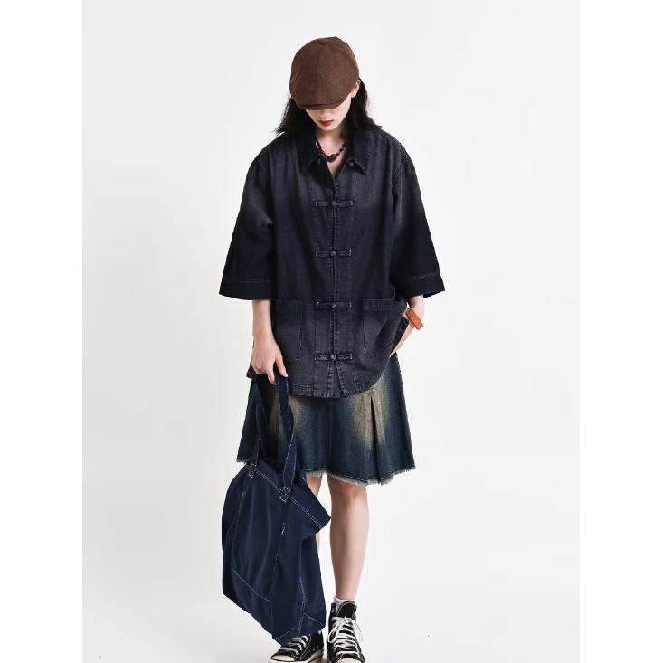 Short Sleeved Shirt Men'S Summer Japanese Retro Loose Casual Five Quarter Sleeved Shirt Trendy Brand Shirt Jacket