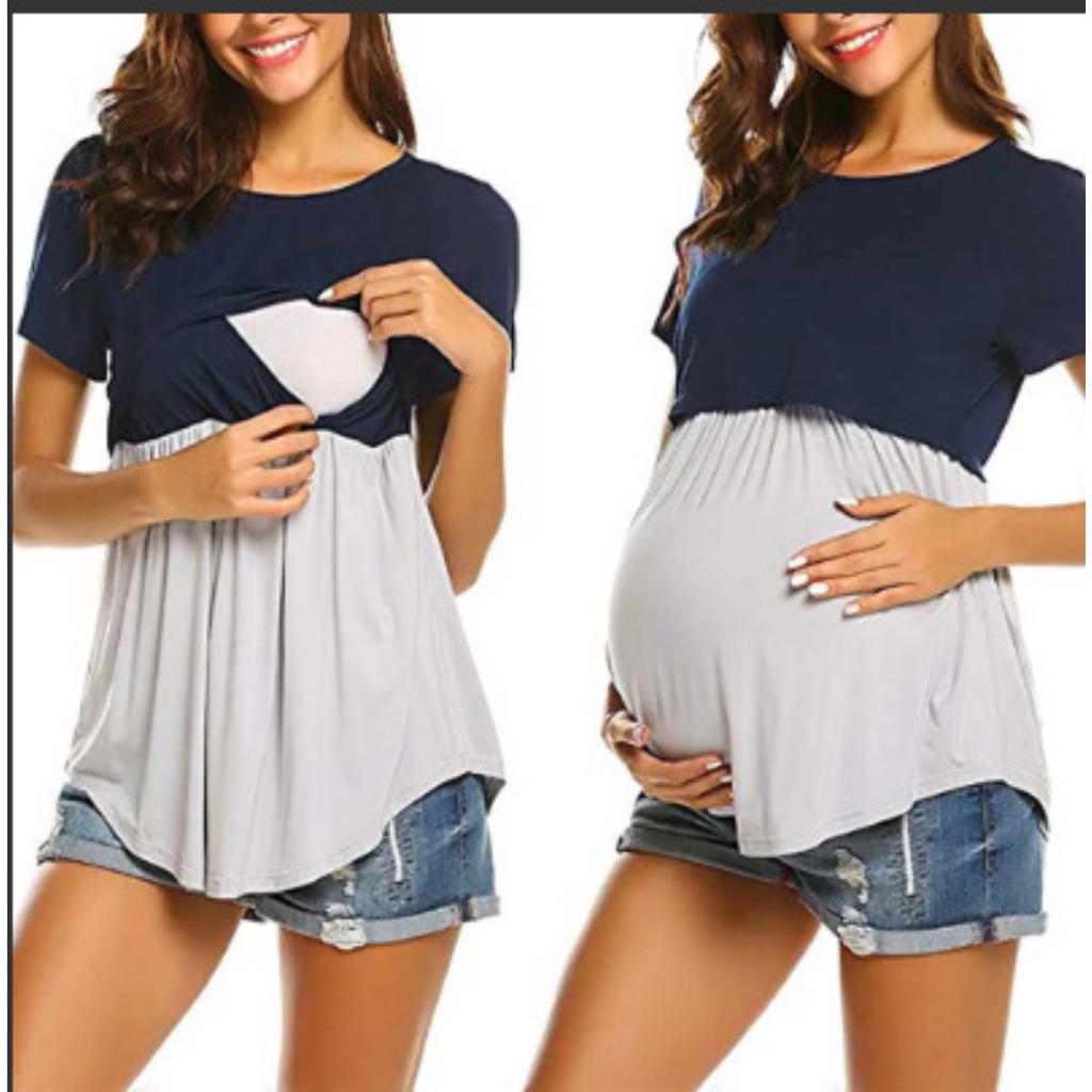 Sommer Kurzarm Rundhals Patchwork Unregelmäßig Stillen Schwangerschaft T-Shirt Top