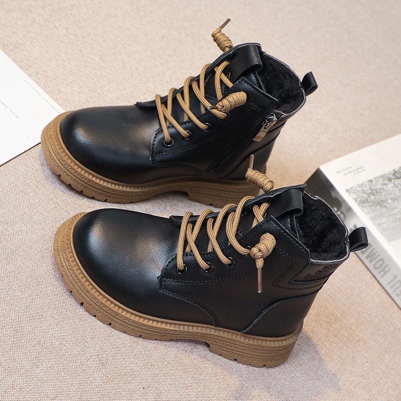 Children's Martin Boots Girls' Black Leather Boots 2025 New Girls' Single Boots Boys' Short Boots Autumn and Winter Velvet Cotton Boots Tide