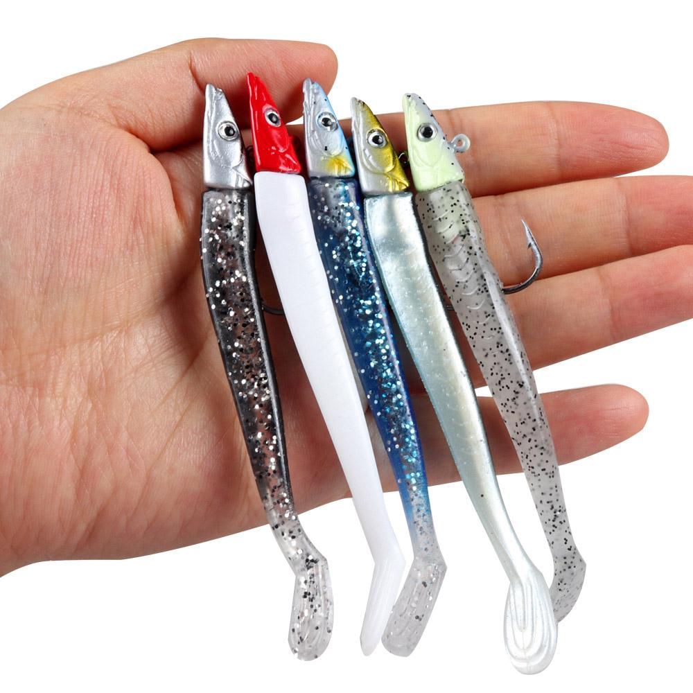 

5pcs 10g Jig Head Soft Tail Bait Pike Bass Fishing Lure Bionic Eel Shore Jigging Sea Lake Boat Game Replaceable Reuse Fishhook 100mm