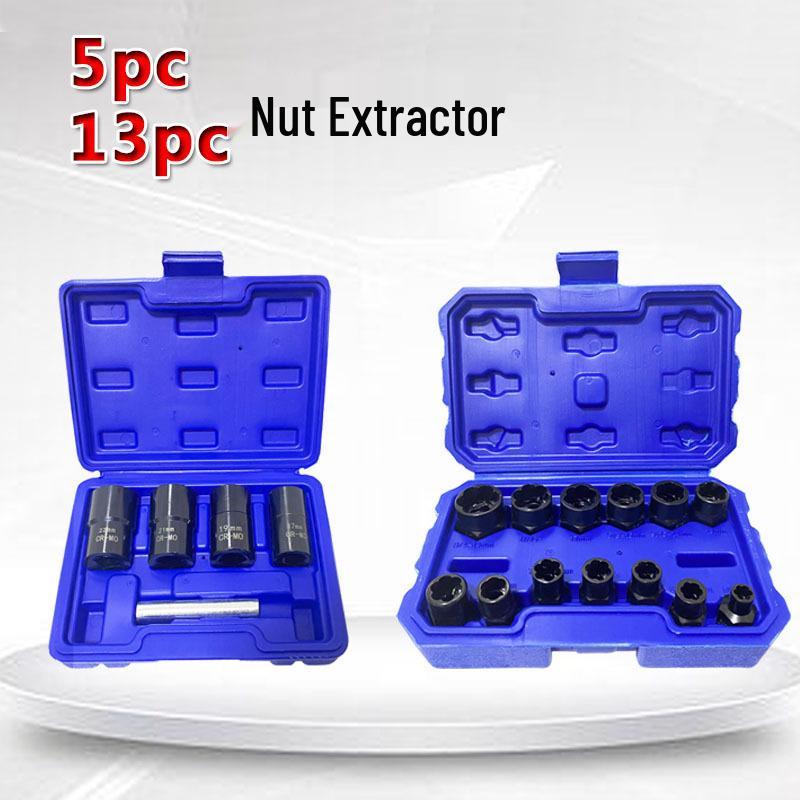 Cylindrical Nut Extractor Set, 5-Piece, Chrome Molybdenum Steel, Extended Thread.