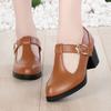 2025 Summer Soft Leather Non-slip Medium Heel T-shaped Buckle Leather Shoes High Heel Round Head Thick Heel Middle-aged Mother Single Shoes Women