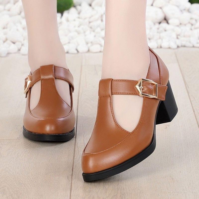 2025 Summer Soft Leather Non-slip Medium Heel T-shaped Buckle Leather Shoes High Heel Round Head Thick Heel Middle-aged Mother Single Shoes Women