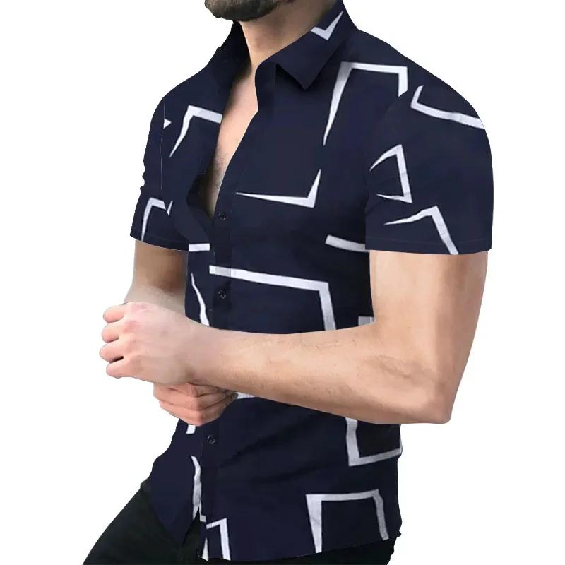 Men's Striped Printed Short Sleeve Shirt, Fashionable and Casual Loose Shirt