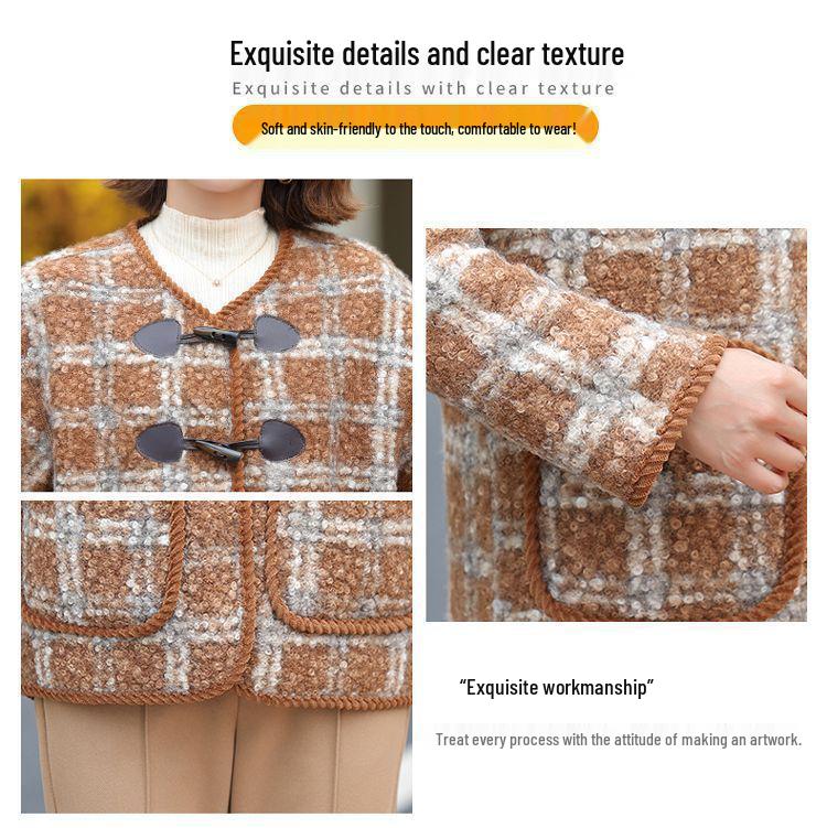 Plaid Woolen Coat for Middle-Aged & Elderly Women - Spring & Autumn Casual Cardigan