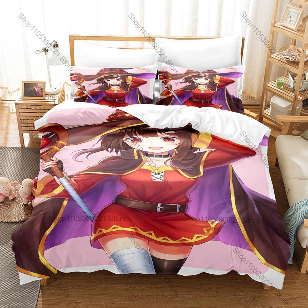 Cool Megumin Konosuba Duvet Cover + 2 Pillowcases Kazuma Aqua Darkness Collage Print Soft Quilt Cover Set New Anime Bedroom Deco