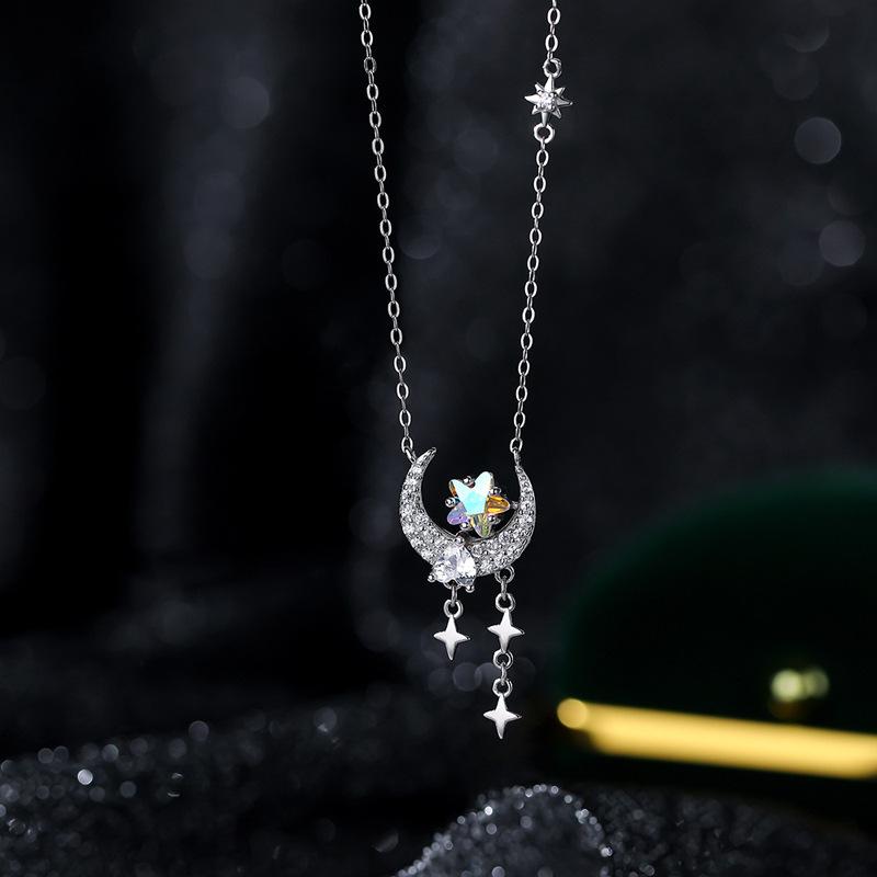 S925 Sterling Silver Necklace Moon Splash Galaxy Moonstone Necklace Light Luxury Heart-shaped Pendant Design Zircon Star Moon Clavicle Chain