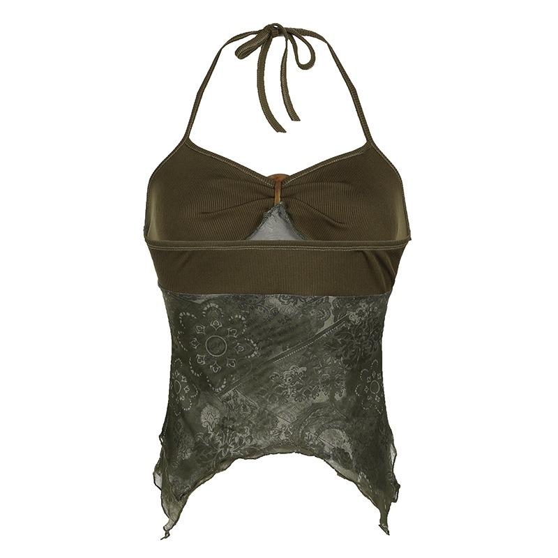 

Жіночі новинки Mori у ретро-етнічному стилі, плісировані з металевою пряжкою і висячою шиєю без спини, зелені, тонкі повсякденні топи з короткими рукавами зелений