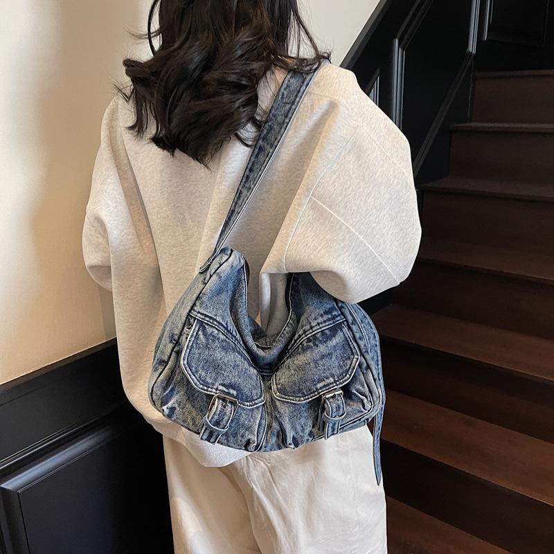 Women's Designer Denim Bag - Retro Multi-Pocket Crossbody Shoulder Bag with Unique Style, Fashiable Denim Handbag for Women