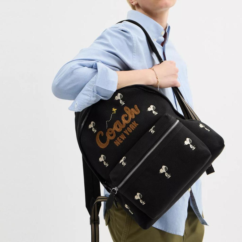 Coach X Peanuts Snoopy Collaboration Cargo 33 Brand Logo Pattern Print Canvas And Satin Large Backpack Women Backpack Black Mixed-Colors CBF69-LHBLC