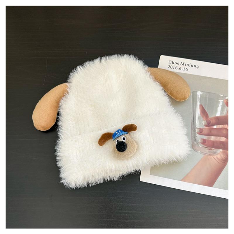 Cute and sweet cartoon puppy plush hat female autumn and winter thickened warm wool knitted hat bag head ear protection hat