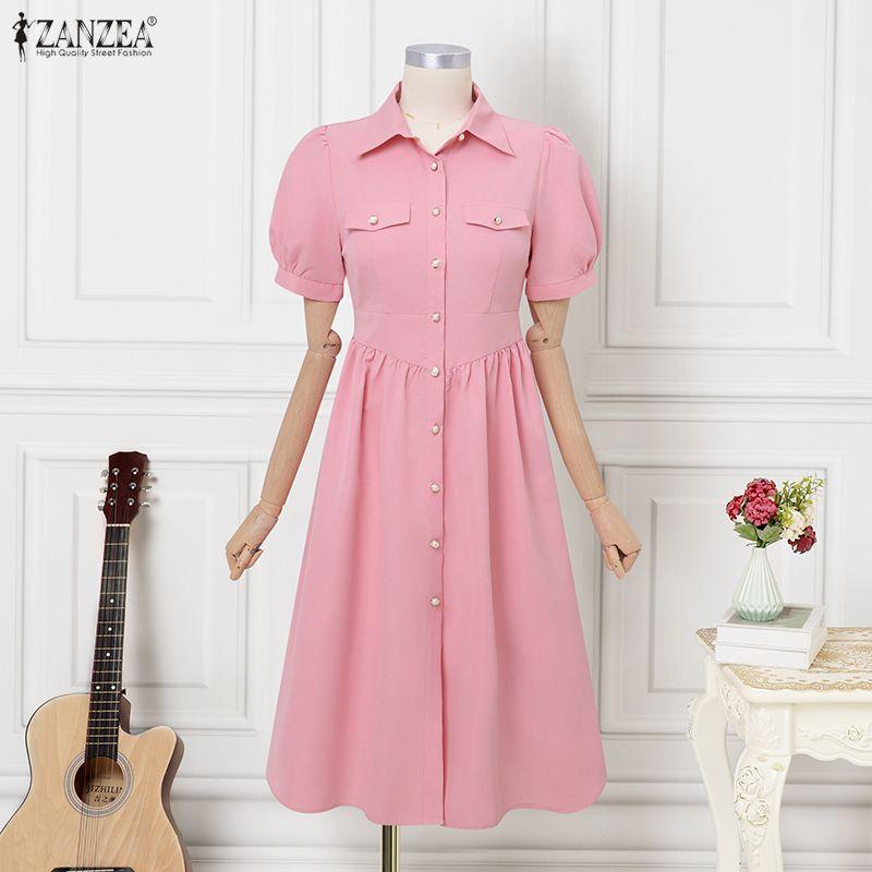 ZANZEA Vestido Casual de Verão Feminino com Gola Reversível, Cor Sólida e Manga Curta