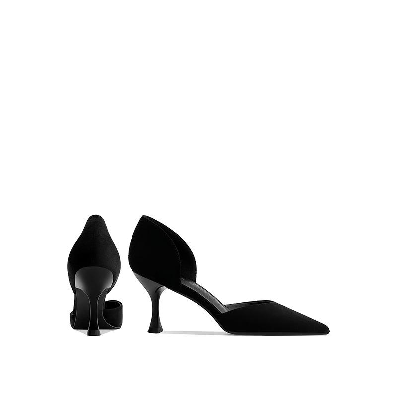 Black high heels spring new pointed hollow single shoes women's summer stiletto cat heel shallow mouth middle heel cmcm