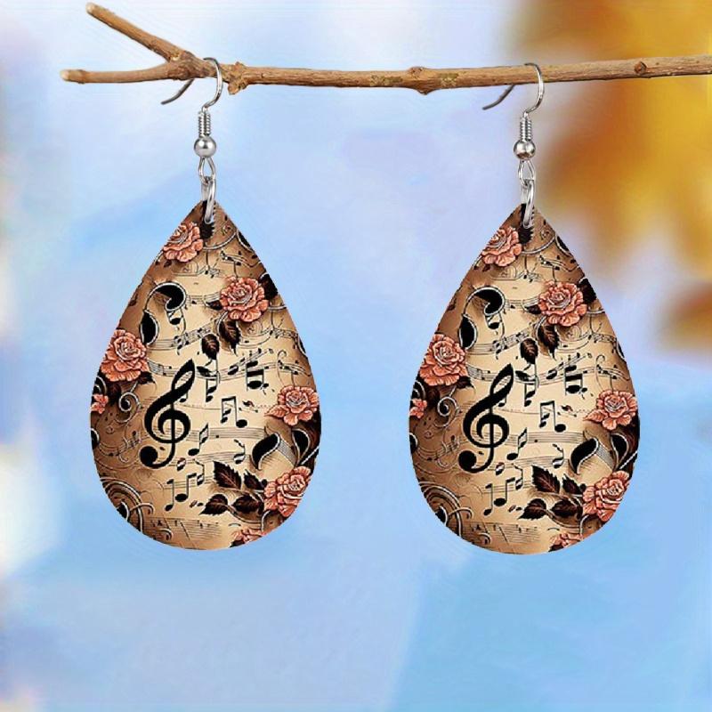 Fashion Water Drop PU Leather Earrings Vintage Musical Notation Pattern Drop Earrings Colorful Music Score Guitar Flower Pattern Teardrop Earrings