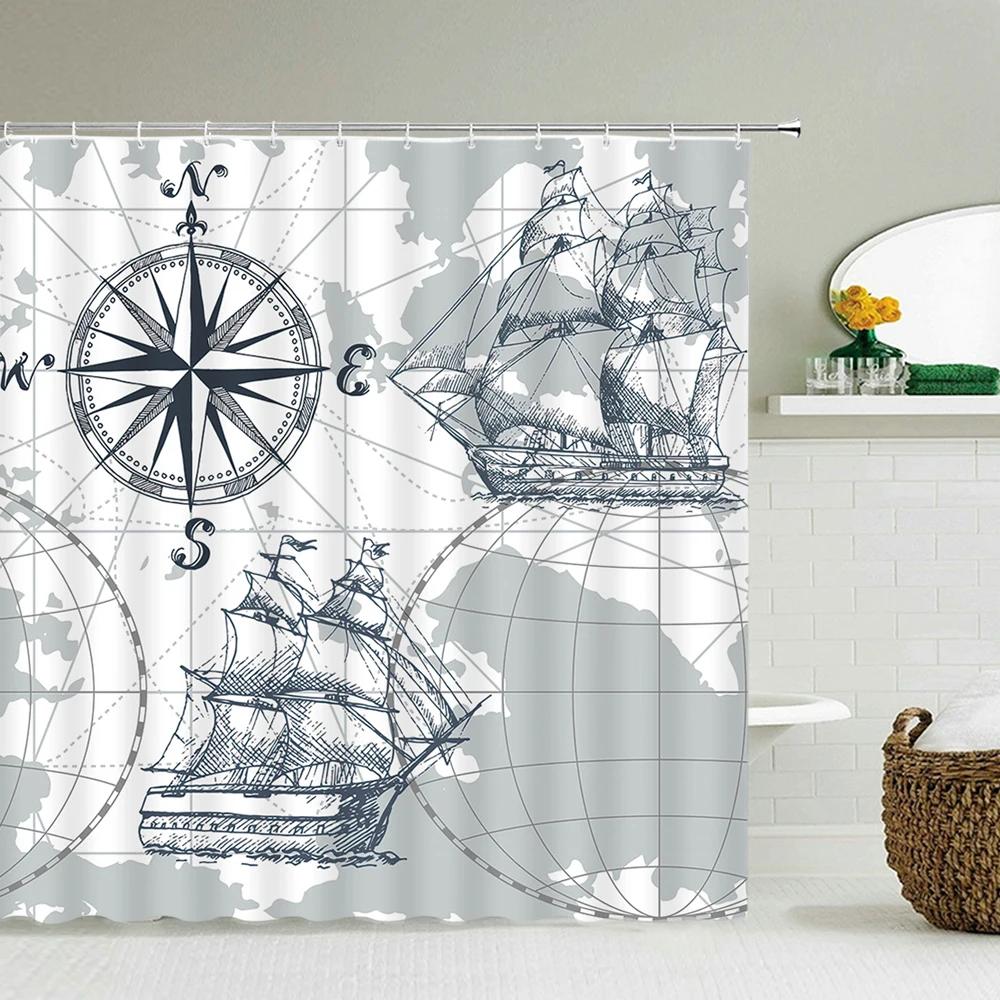 Sailboat Waterproof Bathroom Shower Curtains Sea Navigation Bath Curtains 3d Printing With Hooks 180*180cm Washable Cloth
