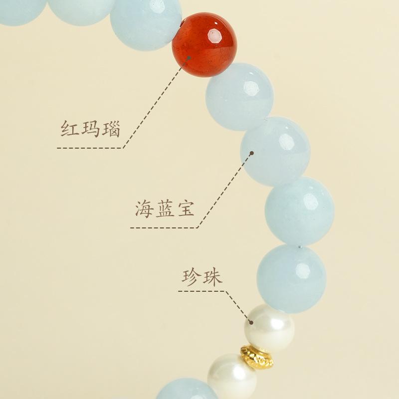 New Palace-Style Natural Aquamarine Beaded Bracelet for Girls, Red Agate, New Chinese Style Original Design, Friendship Bracelet
