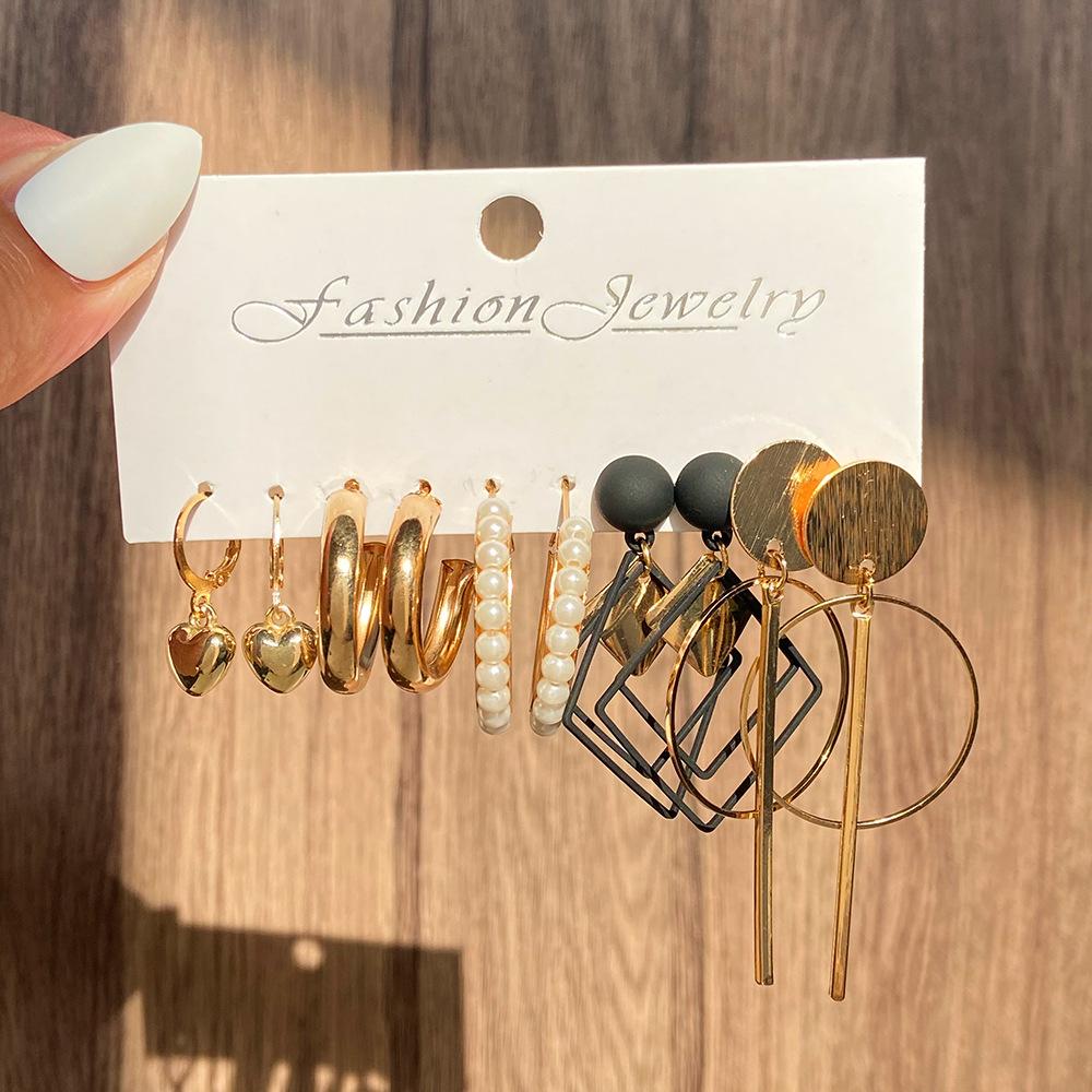 New ins bow fishtail pearl moon stud earrings with diamonds fashion temperament geometric earrings set