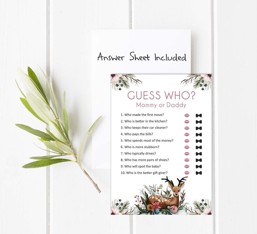 Inkdotpot Who Said it Game Mommy Or Daddy 50 Sheet Fun Baby Shower Game Gender Neutral Floral & Deer Animal Party Supply