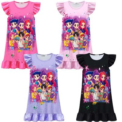 Kids Children Girls Anime Movie POP Singer Super Star Printed Ruffle Sleeves O Neck Casual Dress Halloween Cosplay Costumes
