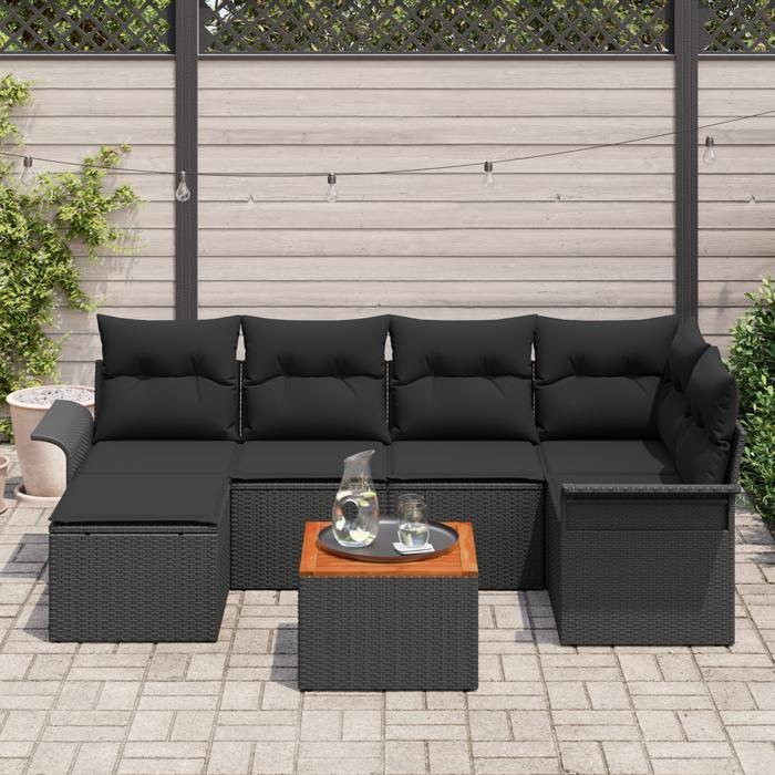 VidaXL Ensemble de canapé de jardin 7 pièces avec coussins noirs en poly rattan et acacia 3347352