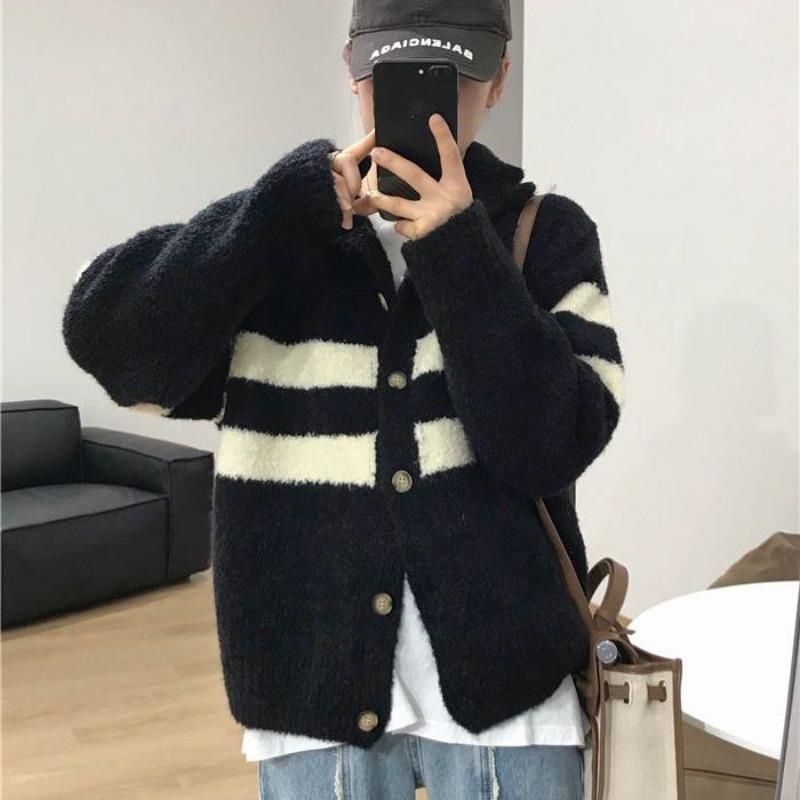 Französisch Vintage High Neck Gestreiften Pullover Mantel Strickjacke Frauen 2023 Herbst/Winter Neue Lose stricken Pullover Strickjacke Weibliche Top