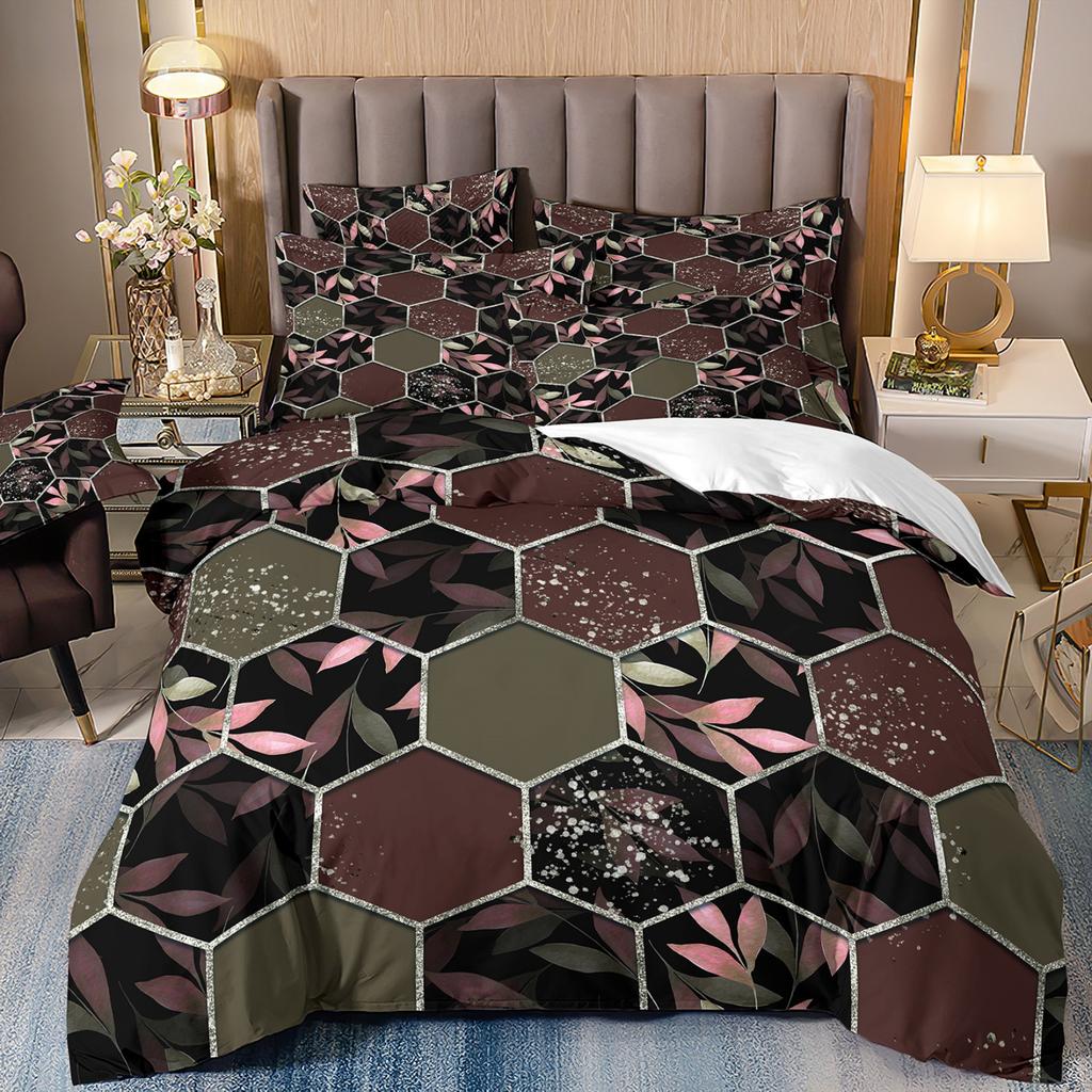 3D Digital Printing Light Luxury Geometric Honeycomb Stone Pattern Bedding Quilt Cover Three-Piece Set