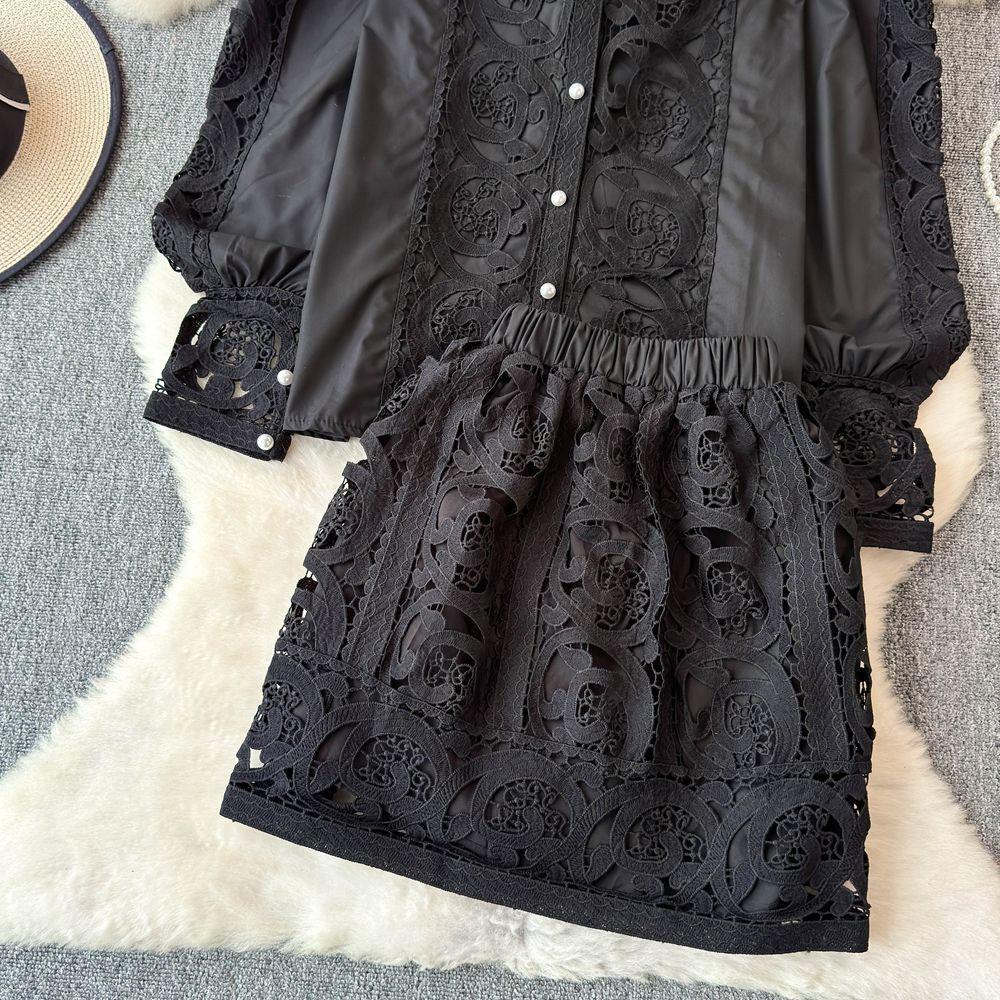 Spring Autumn Women Lace Patchwork Embroidery Designer Runway Outfits Fashion Single Breasted Shirt and Mini Short Skirt Two Piece Set