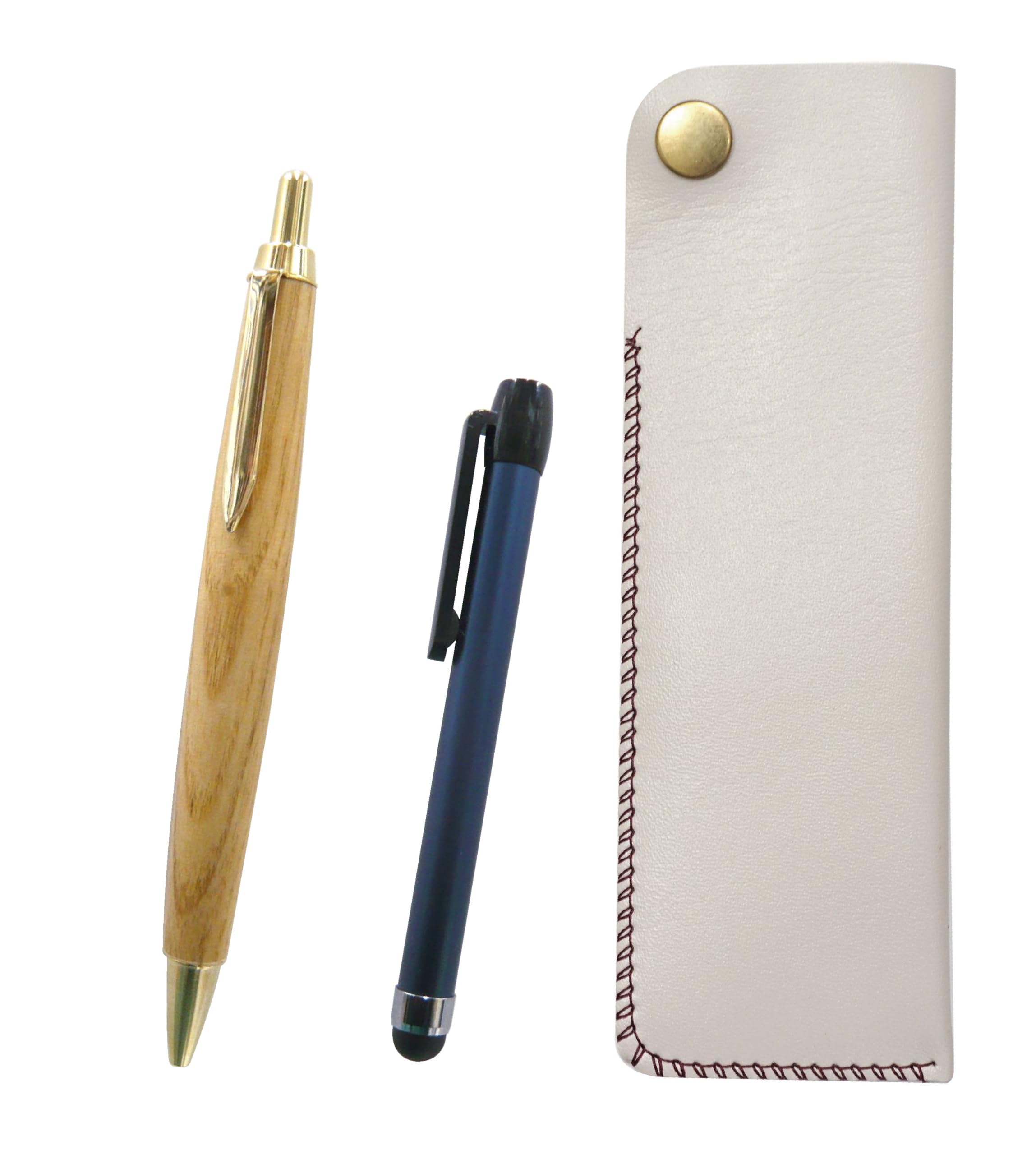 

White Pen Case with Blue Metallic Stick and Retro Maple Ballpoint Pen Set Two-Pack Hook-and-Snap (NK01W-ALL-HS47S-2)