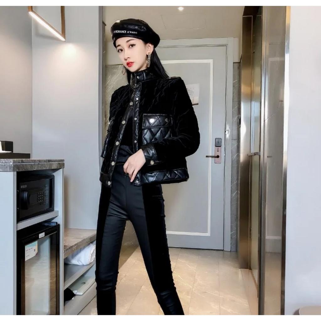 Frauen Winter Parkas PU Leder Samt Patchwork Baumwolle Gefütterte Jacke